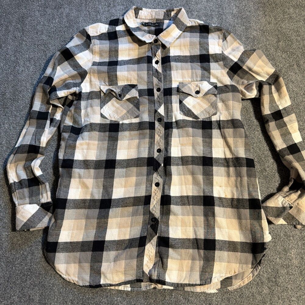 Volcom Flannel Shirt Mens Large Gray Plaid Button Front Long Sleeve Cotton Work